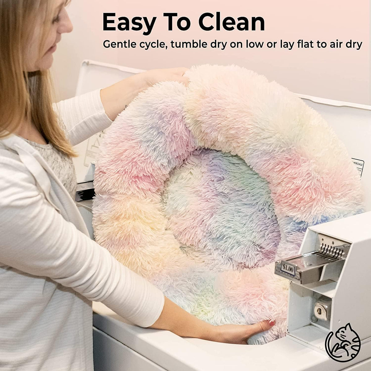 Cat Bed for Indoor Cats and Small Medium Dogs - Washable 20/24 Inches, Anti-Anxiety Round Fluffy Plush Faux Fur, Thick Bottom (Rainbow, Medium)