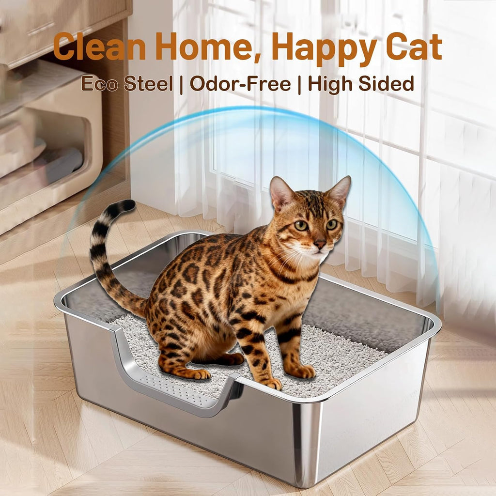 Stainless Steel Cat Litter Box, Steel Litter Pan with Curved Low Entry, Leak Proof 6 Inch High Side for Urine, Easy Entry for Kittens Older Cats, No Slip, 17.7" x 13.8" x 6", Silver