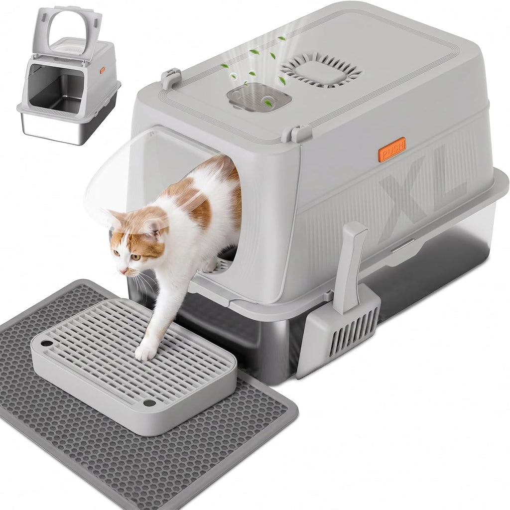 GTPLAYER XL Stainless Steel Cat Litter Box with Lid, High Sided Enclosed Cat Litter Box, Activated Carbon Odor Control, Extra Large Metal Litter Box, Anti-Leak, with Mat & Step, Slate Gray