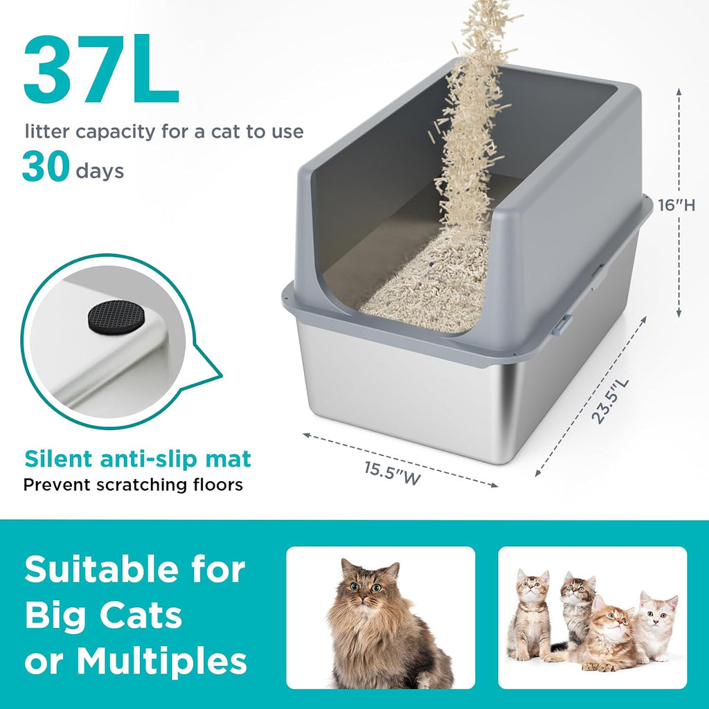 Stainless Steel Litter Box with Lid,Metal Cat Litter Box,23.5x15.5x16in
