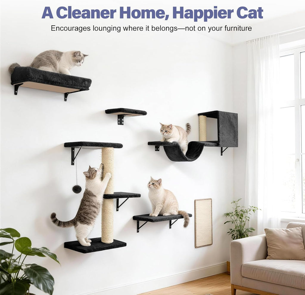 Cat Wall Shelves, Black, 6 in 1 Cat Furniture Set
