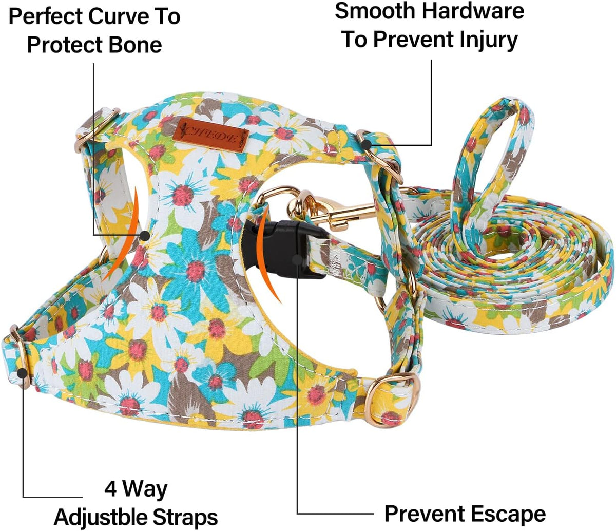 CHEDE No Pull Floral Pattern Dog Harness- Lightweight and Soft Harness, Adjustable Small Dog Harness and Leash Set, with Dog Leash, Suitable for Puppy Small and Medium-Sized Dog