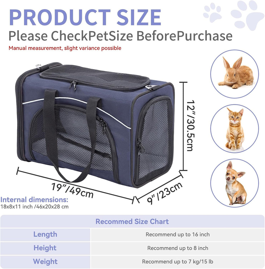 Petsfit Airline Approved Pet Carrier for Small Dogs & Cats, 19x9x12 TSA Approved Carrier, with Removable Dual-Sided Padding (2-Way Placement) - Fits Under Most Airplane Seats, Escape Proof (Navy)