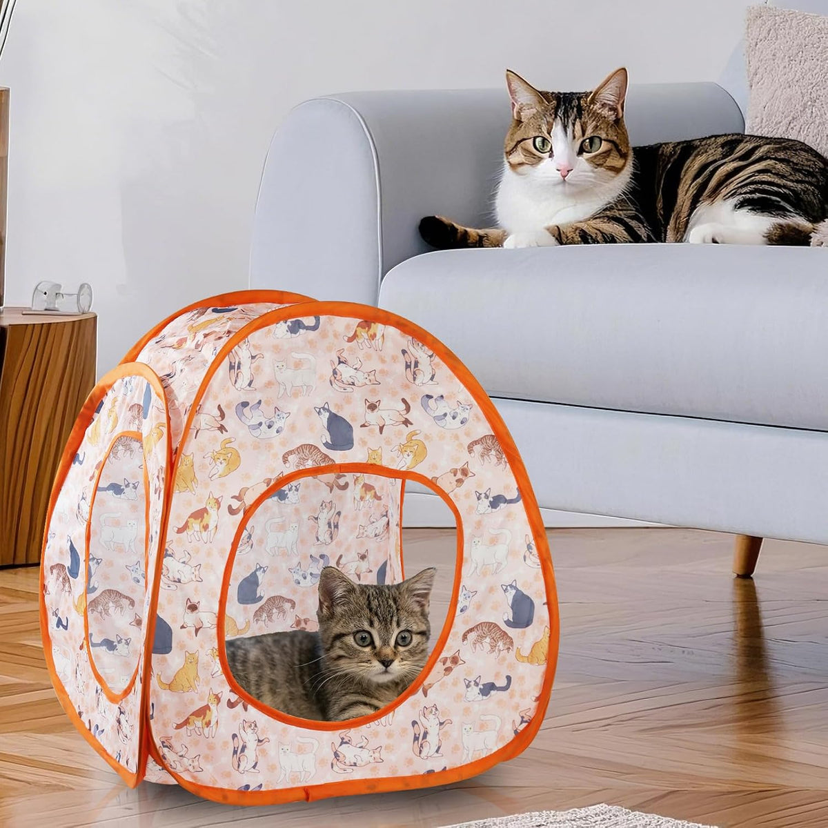 Andiker Cat Tent, 3 Holes Safe and Strong Cute Cats Tunnel Collapsible Easy to Carry Cat House for Indoor Cats Kittens Hiding Playing Training Sleeping (Tent Orange)