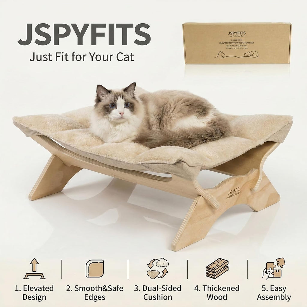 JSPYFITS Elevated Cat Bed Hammock, Raised Cat Bed with Dual-Sided Plush & Linen Cushion, Machine Washable & Breathable Cover Tool Free Easy Assembly, up to 66Lbs (Beige)