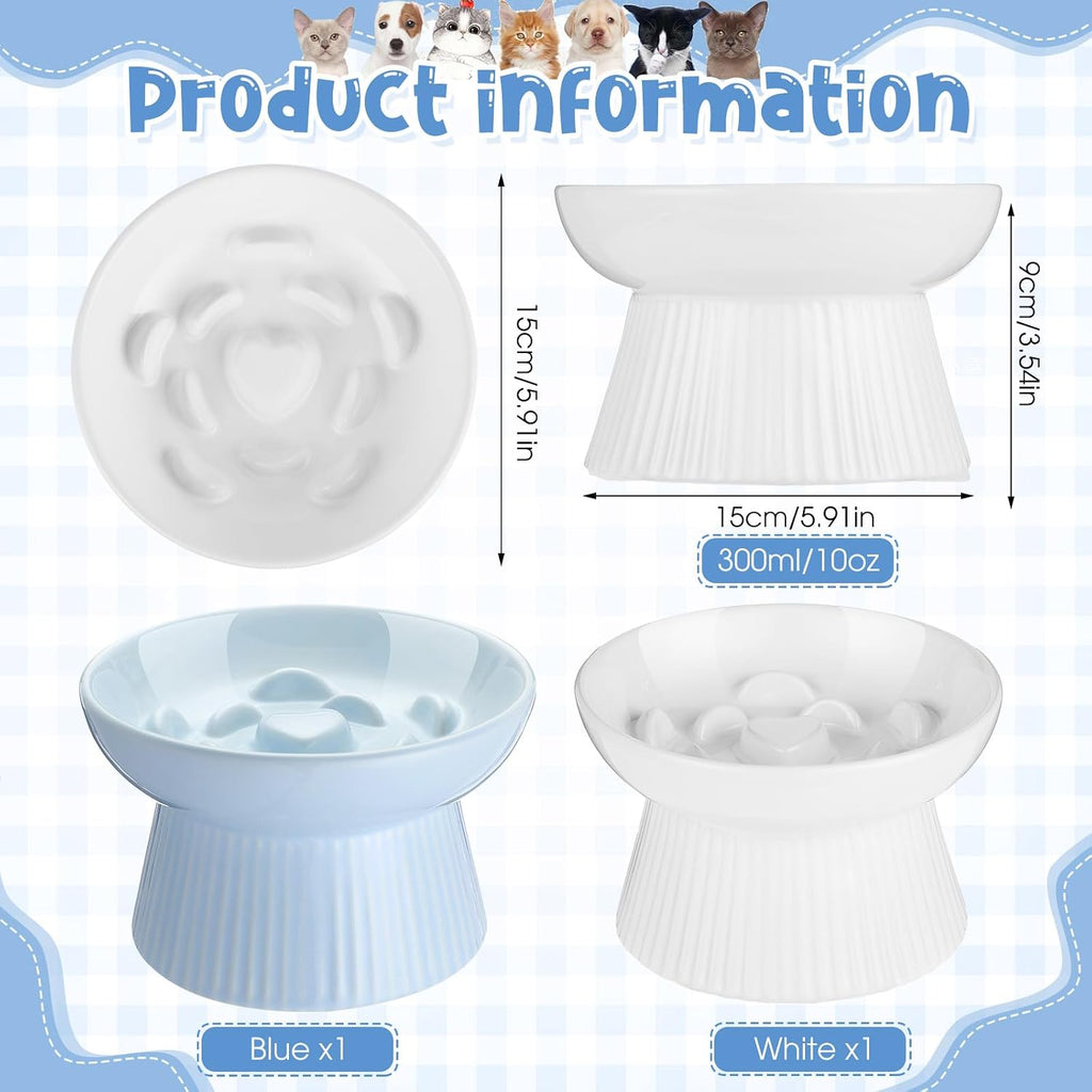 Tioncy 2 Pcs Ceramic Elevated Slow Feeder Cat Bowl, White, Blue