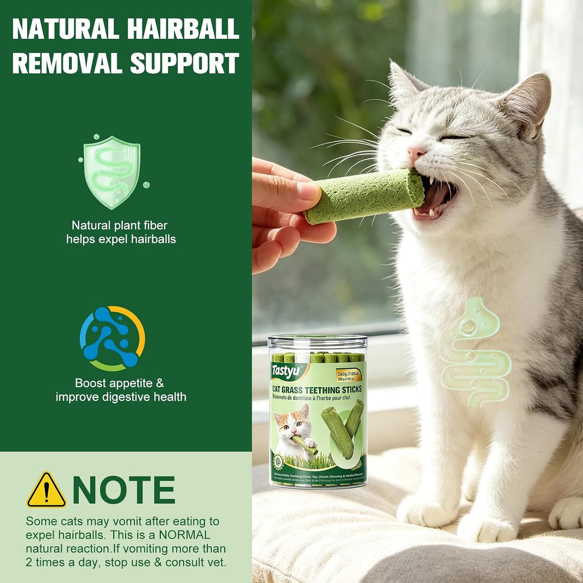 Cat Grass Teething Sticks for Cats, 200g/7.05oz Natural Edible Cat Chew Sticks with Real Chicken & Cat Grass, Teeth Cleaning, Hairball Control & Teething Relief Treats for Cats Over 3 Months Old