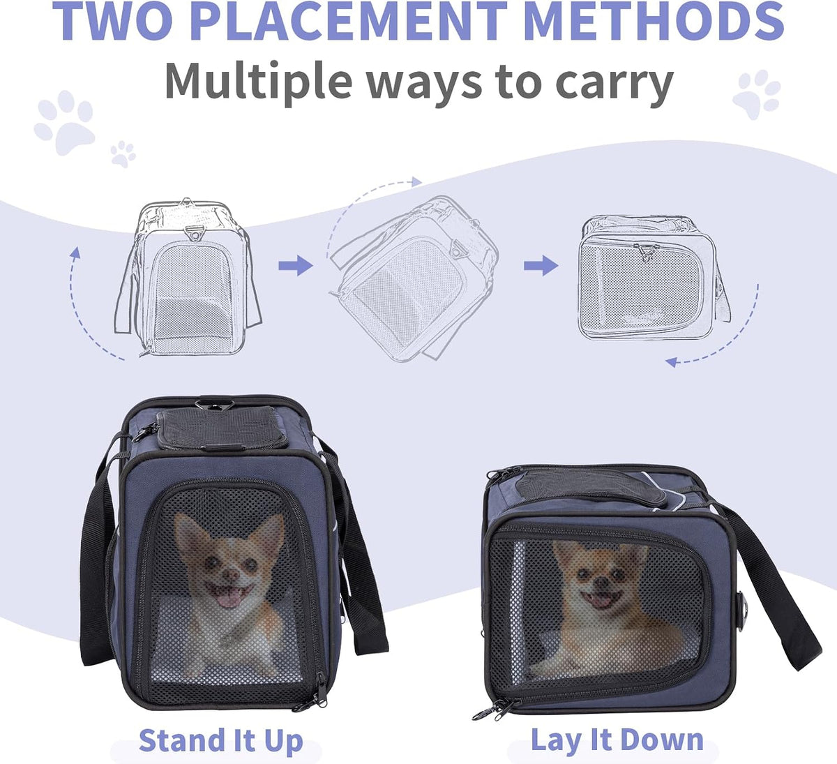 Petsfit Airline Approved Pet Carrier for Small Dogs & Cats, 19x9x12 TSA Approved Carrier, with Removable Dual-Sided Padding (2-Way Placement) - Fits Under Most Airplane Seats, Escape Proof (Navy)