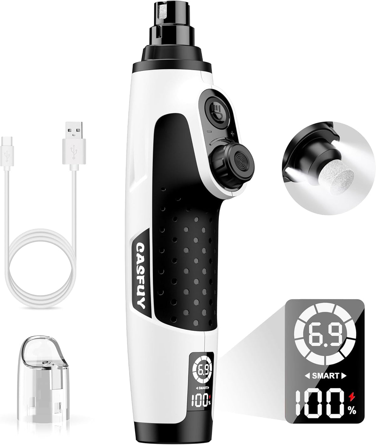 Casfuy Smart 6-Speed Dog Nail Grinder with LED Lights Safe for All Dogs Cat