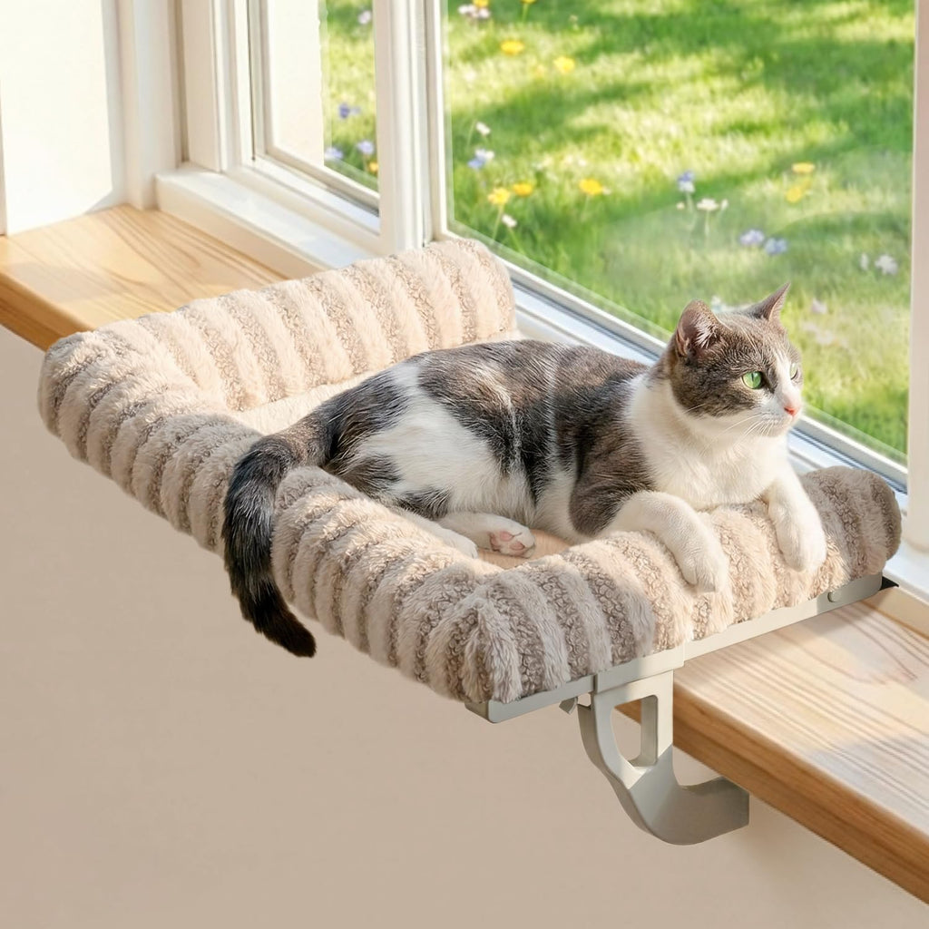 Zakkart Mellow 3-Sided Cat Perch for Windowsill, Dual-Mount (Brown, L)