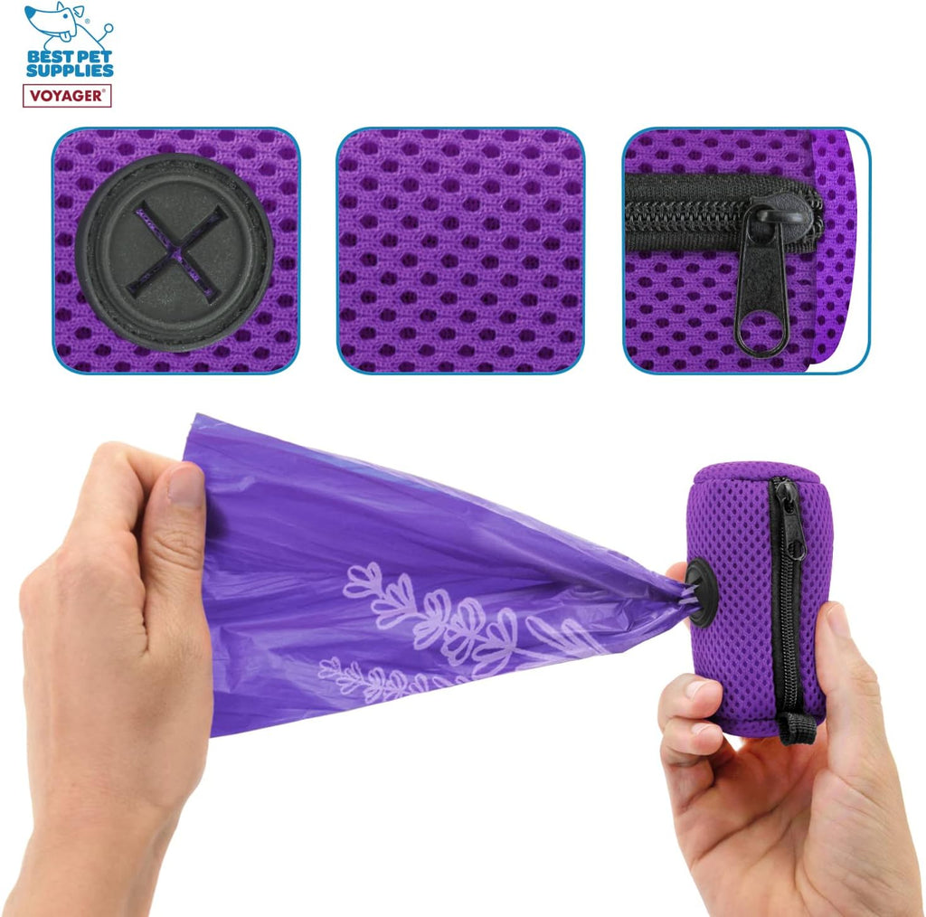 Best Pet Supplies Dog Poop Bag Holder Leash Attachment with Reusable Dispenser for Travel, Walking, Park, and Outdoor Use, Durable with Clip-On - Purple, Mesh Dispenser w/15 Bags