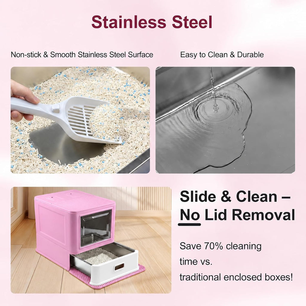 Marchul Enclosed Stainless Steel Cat Litter Box with Lid & Drawer Design for Indoor All Lifestyles Cats, Metal Covered Cat Litter Box, Baffles for Anti-Leakag, with Litter Scoop & Litter Mat（Pink）