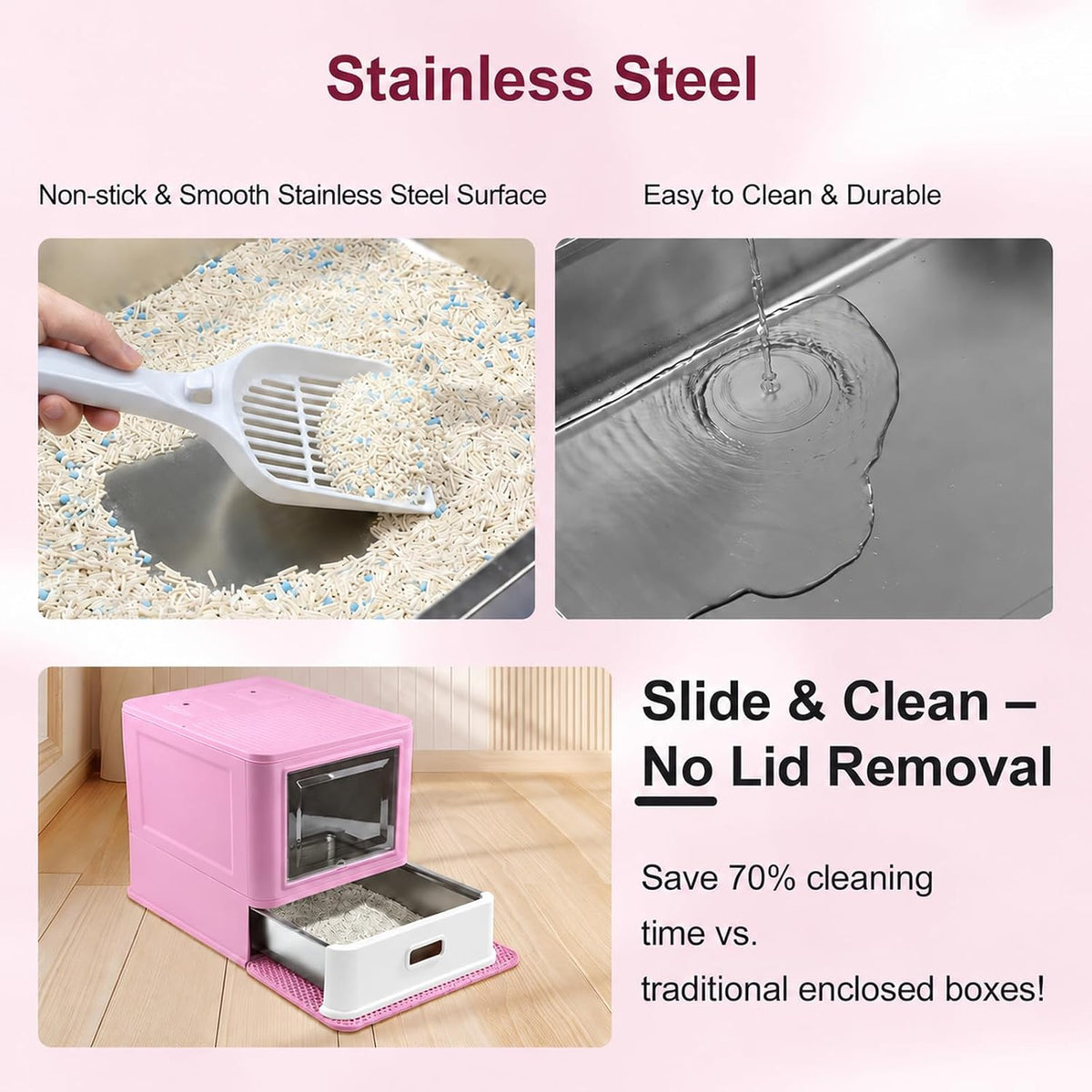 Marchul Enclosed Stainless Steel Cat Litter Box with Lid & Drawer Design for Indoor All Lifestyles Cats, Metal Covered Cat Litter Box, Baffles for Anti-Leakag, with Litter Scoop & Litter Mat（Pink）