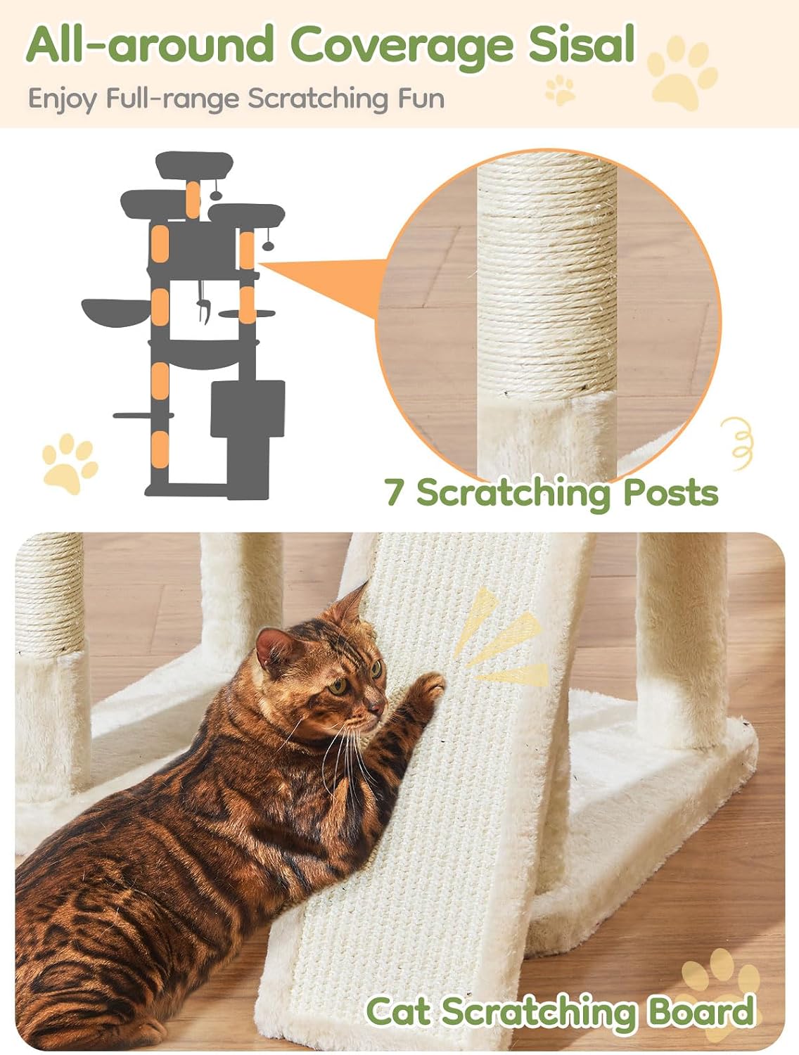 Taoqimiao Tall Cat Tree, 76In XL Cat Tower for Large Cats, 3 Padded Perches