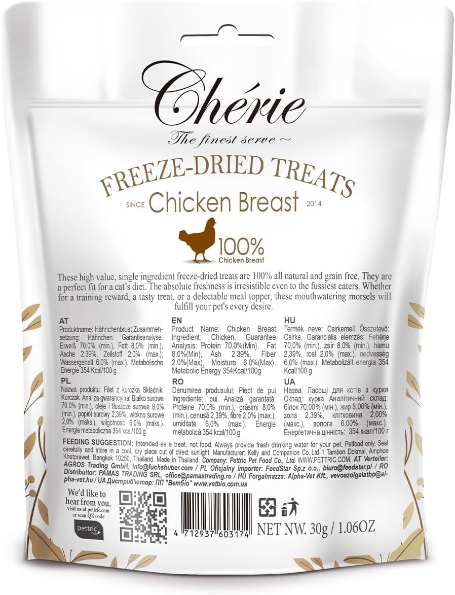 CHÉRIE Freeze-Dried Cat Treats, Chicken Breast, 1.06 oz Bag