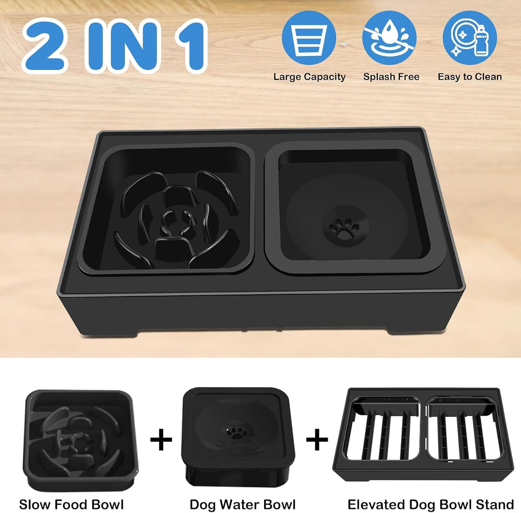2-in-1 Elevated Dog Bowls, No Spill Water Bowl, Slow Feeder Food Bowl
