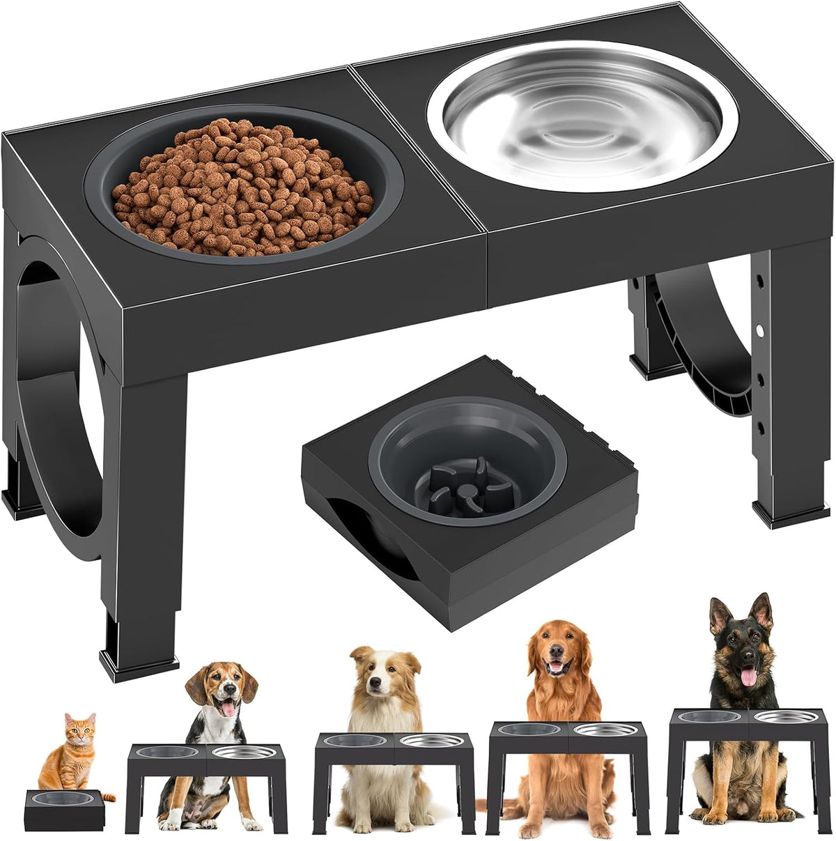 XIAZ Elevated Dog Bowls Large Breed Raised Dogs Bowl Stand Large/Medium Sized Dog Slow Feeder Dogs Bowls Food Water Stands 5 Heights Adjustable 9/11/12/14in Pet Feeder Dish Station