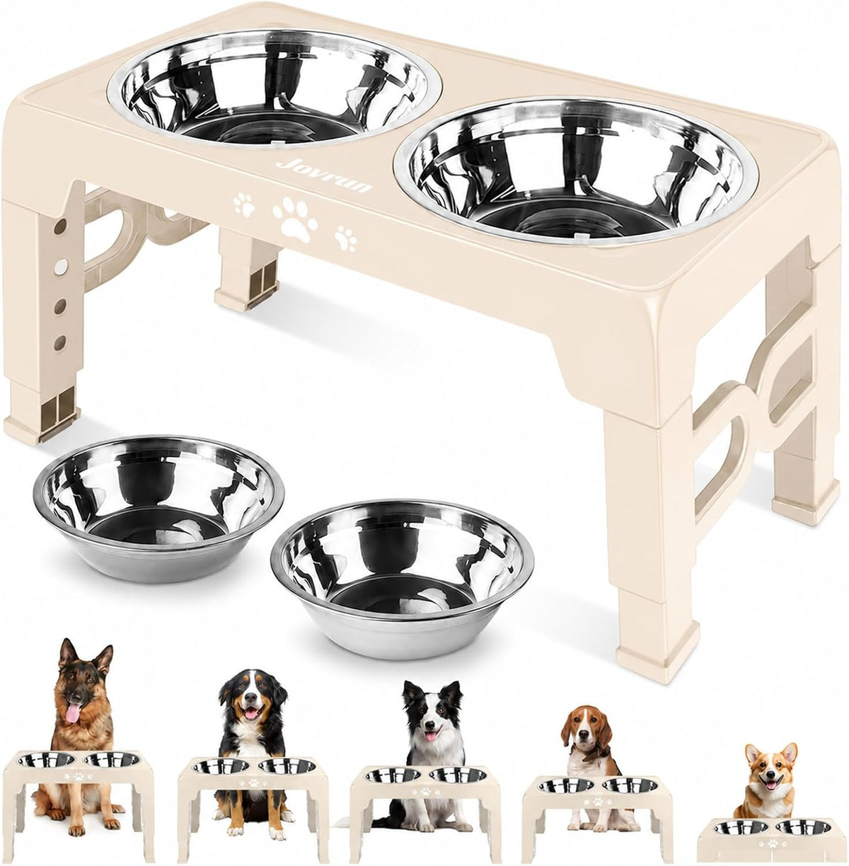 Jovrun Elevated Dog Bowls for Medium Large Size Dogs, Non-Slip Dog Feeder with 2 Stainless Steel Dishes, 5 Heights Adjustable Raised Bowls to 3.15″-8.66″-9.84″-11.02″-12.2″