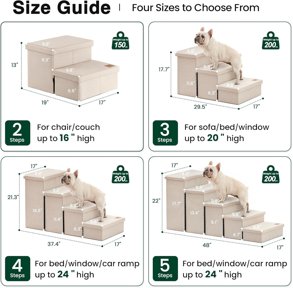 Love's cabin Dog Stairs for High Bed, Foldable Pet Stairs for Small Medium or Large Dogs Puppy with Storage for Bed or Couch, Cat Dog Steps Ramp with Zip up to 200 lbs, Beige, 3 Steps
