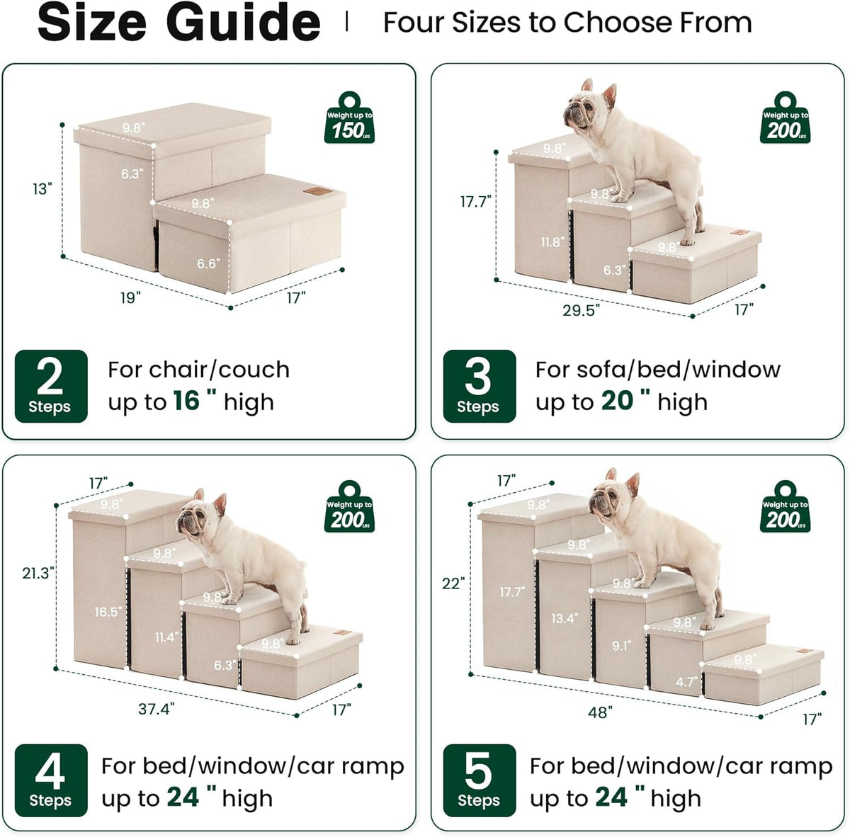 Love's cabin Dog Stairs for High Bed, Foldable Pet Stairs for Small Medium or Large Dogs Puppy with Storage for Bed or Couch, Cat Dog Steps Ramp with Zip up to 200 lbs, Beige, 3 Steps
