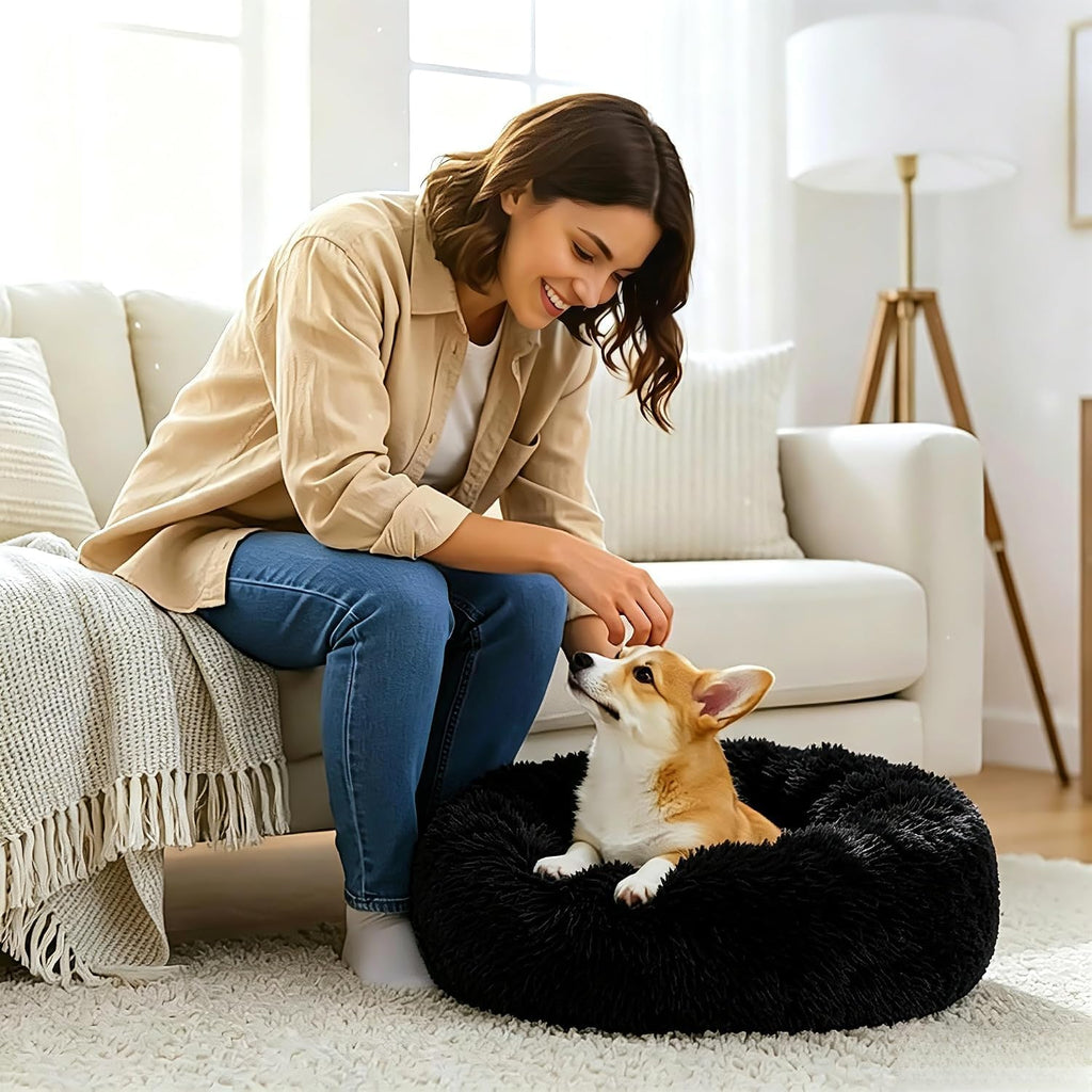 Calming Donut Dog Bed for Small Dogs, Anti-Anxiety Round Washable Plush Fluffy Faux Fur Large Cat Bed, 24 inches Fits up to 25 lbs Pets, Anti-Slip Waterproof Mute Base Black