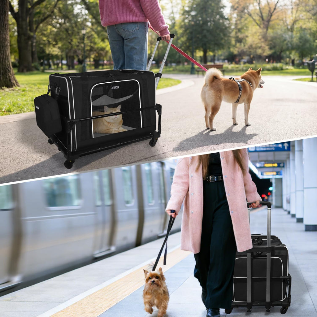 Petskd Side Expandable Extra Large Cat Carrier with Litter Box and Wheels