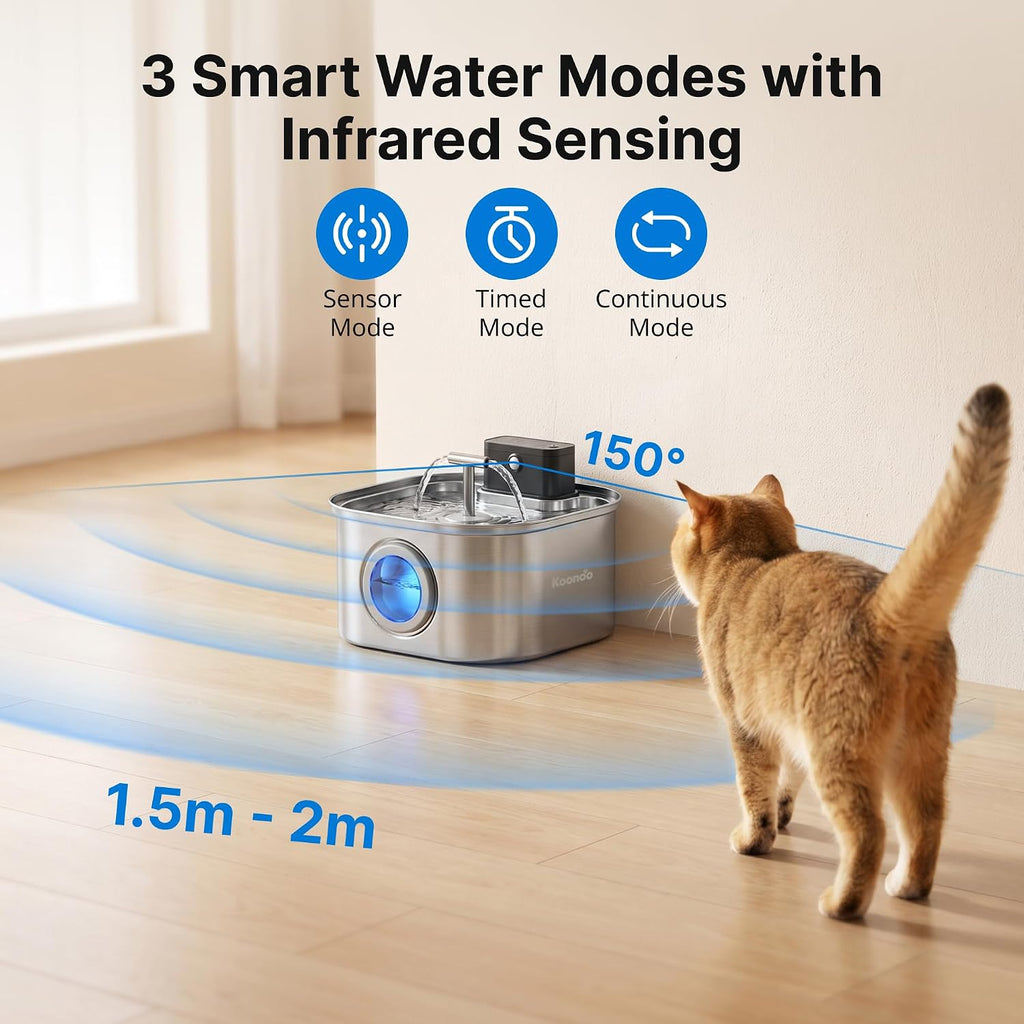 Wireless Cat Water Fountain Stainless Steel 3.2L, Battery Operated Pet Water Dispenser with Motion Sensor & Dual Stream Spout, Ultra Quiet Cordless Automatic Drinking Fountain for Cats Dogs Indoor,