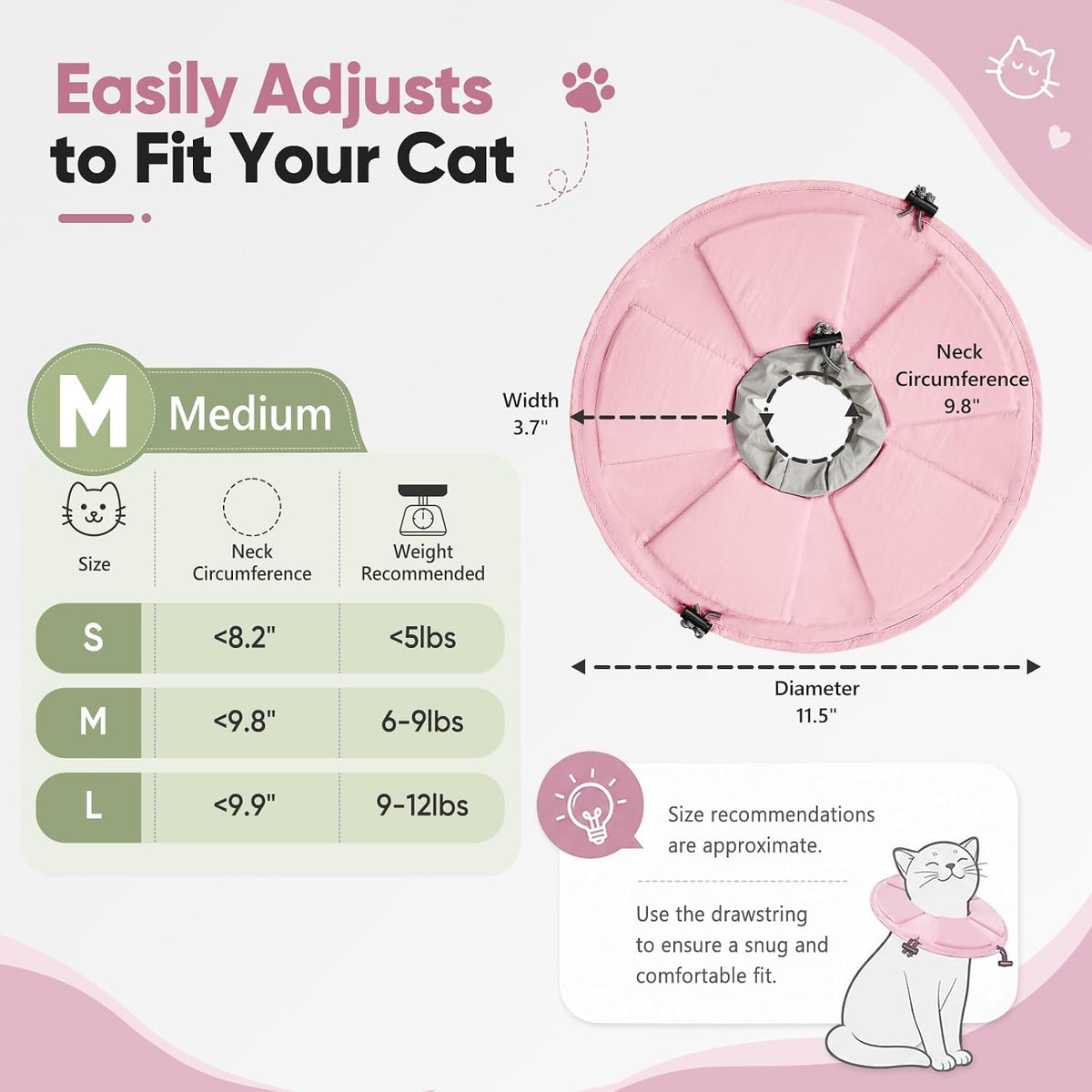 Cat Cone Collar Soft, Adjustable Elizabethan Collar for Cats to Stop Licking, Comfortable Lightweight Kitten Cone for Wound Healing and Surgery Recovery,Pink,M