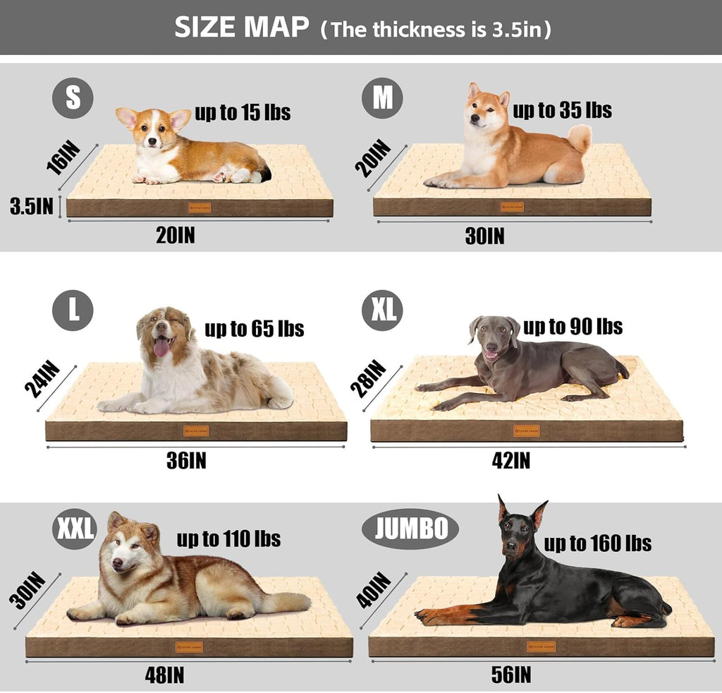 Patas Lague Orthopedic Large Dog Bed Washable Pet Crate Mat 48''X30'' Camel