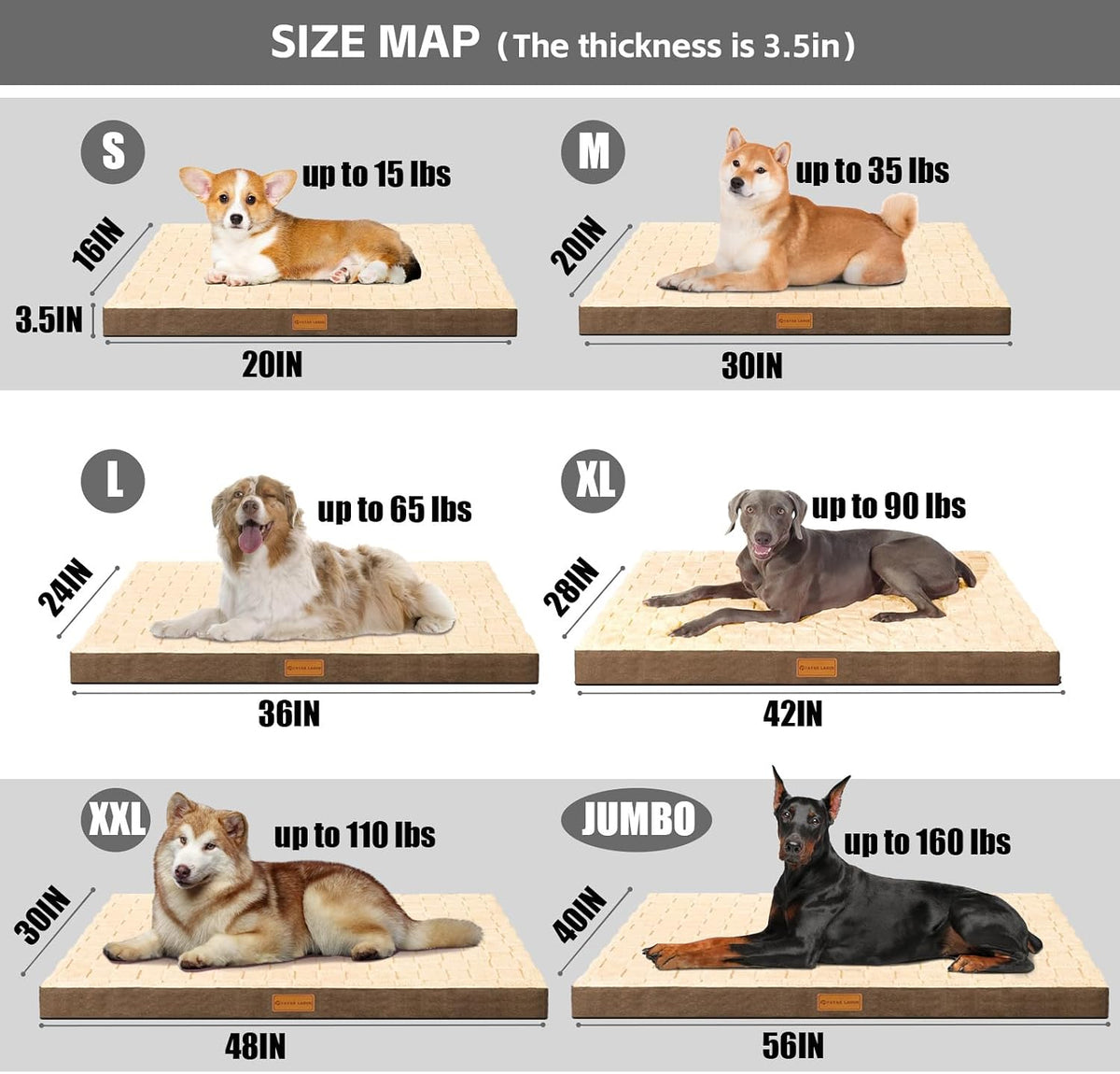 Patas Lague Orthopedic Large Dog Bed Washable Pet Crate Mat 48''X30'' Camel