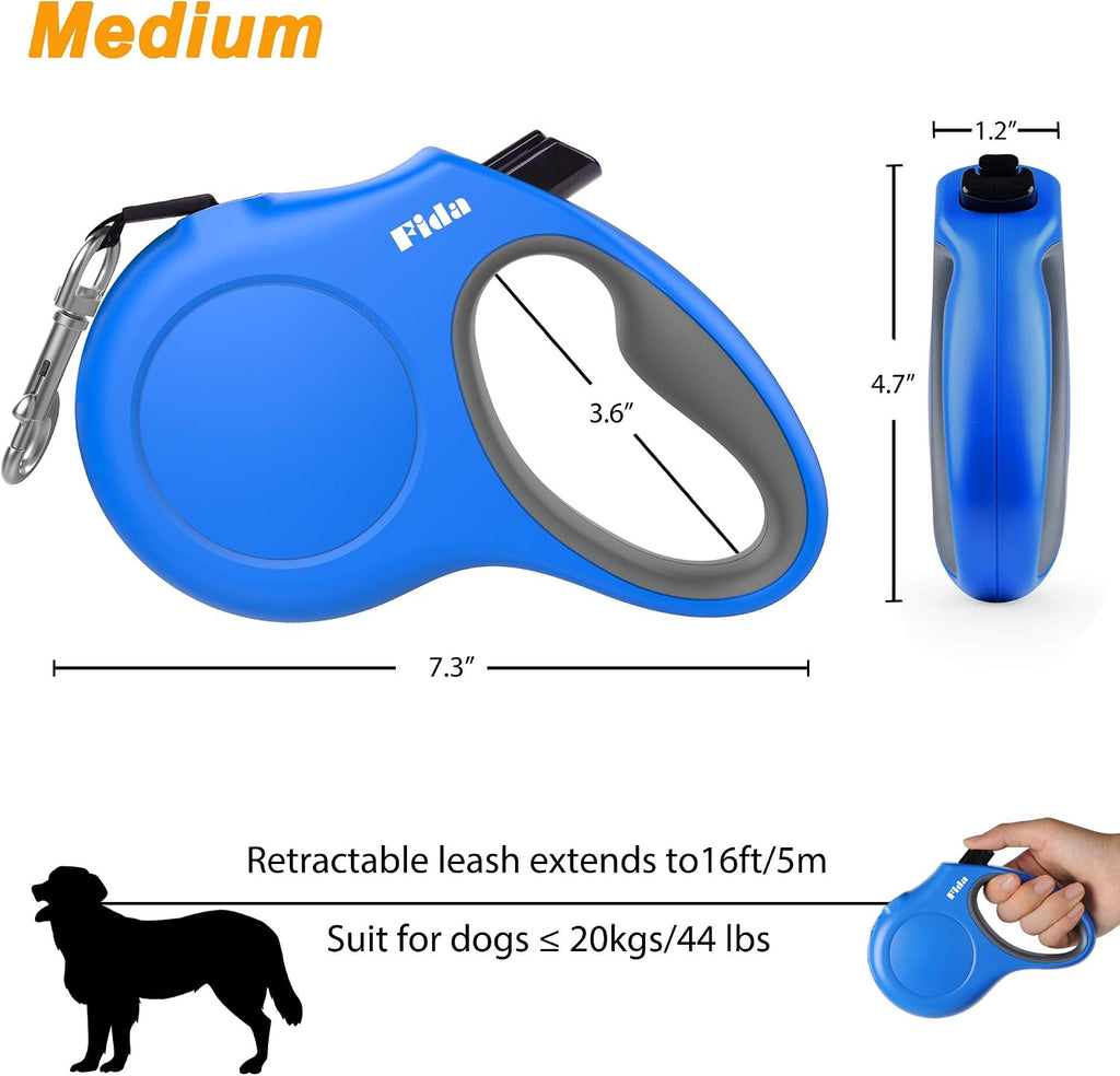 Fida Retractable Dog Leash with Dispenser and Poop Bags, 16 ft, Blue