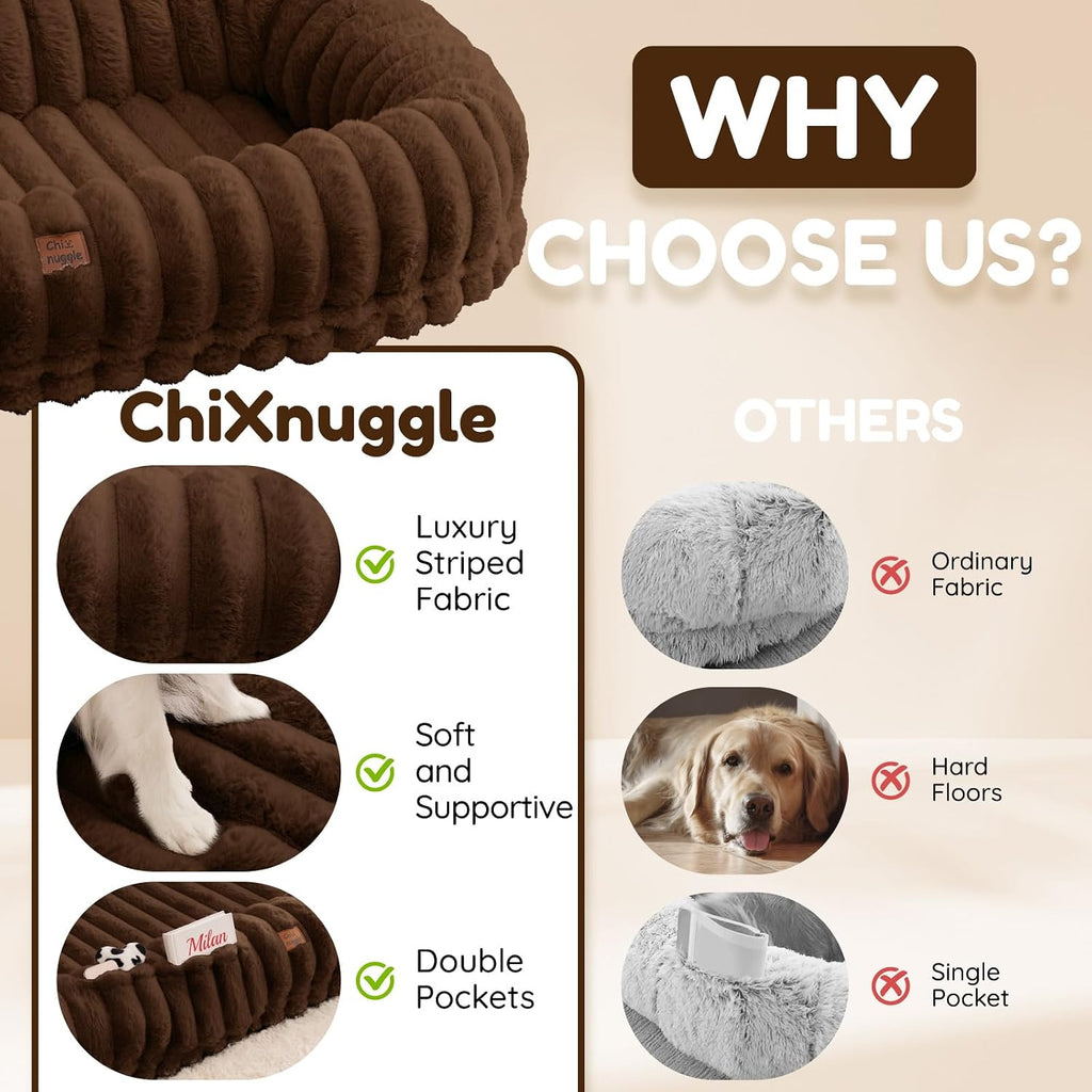 ChiXnuggle Orthopedic Human Dog Bed,Striped Faux Fur Washable Cover,Blanket