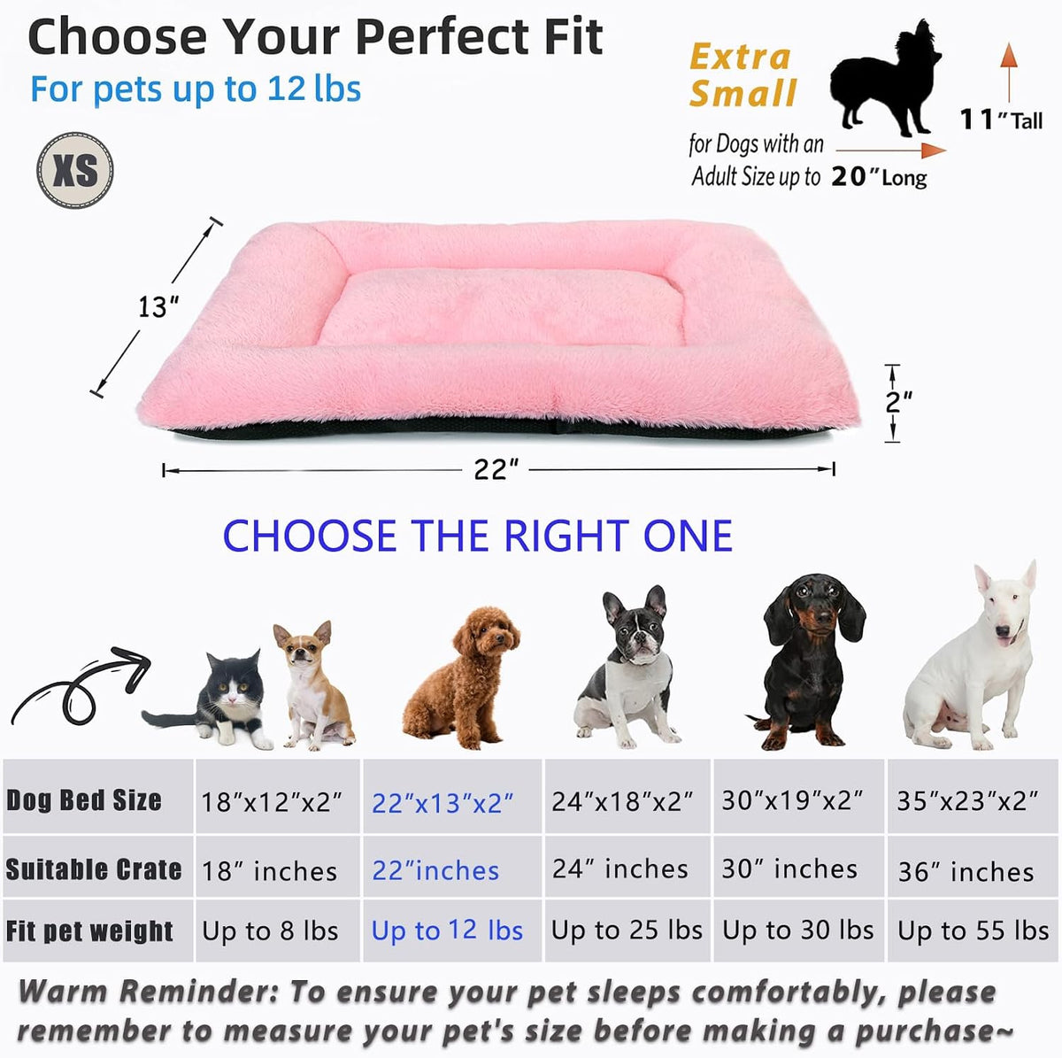 Pink Dog Bed for Crate or Cage 22 Inch for Extra Small Dogs,Soft Fluffy Comfy Cute Crate Beds Washable & Anti-Slip Pet Kennel Pad for Puppy and Cats Cozy Sleeping Mat, (22" x 13", XS-Baby)
