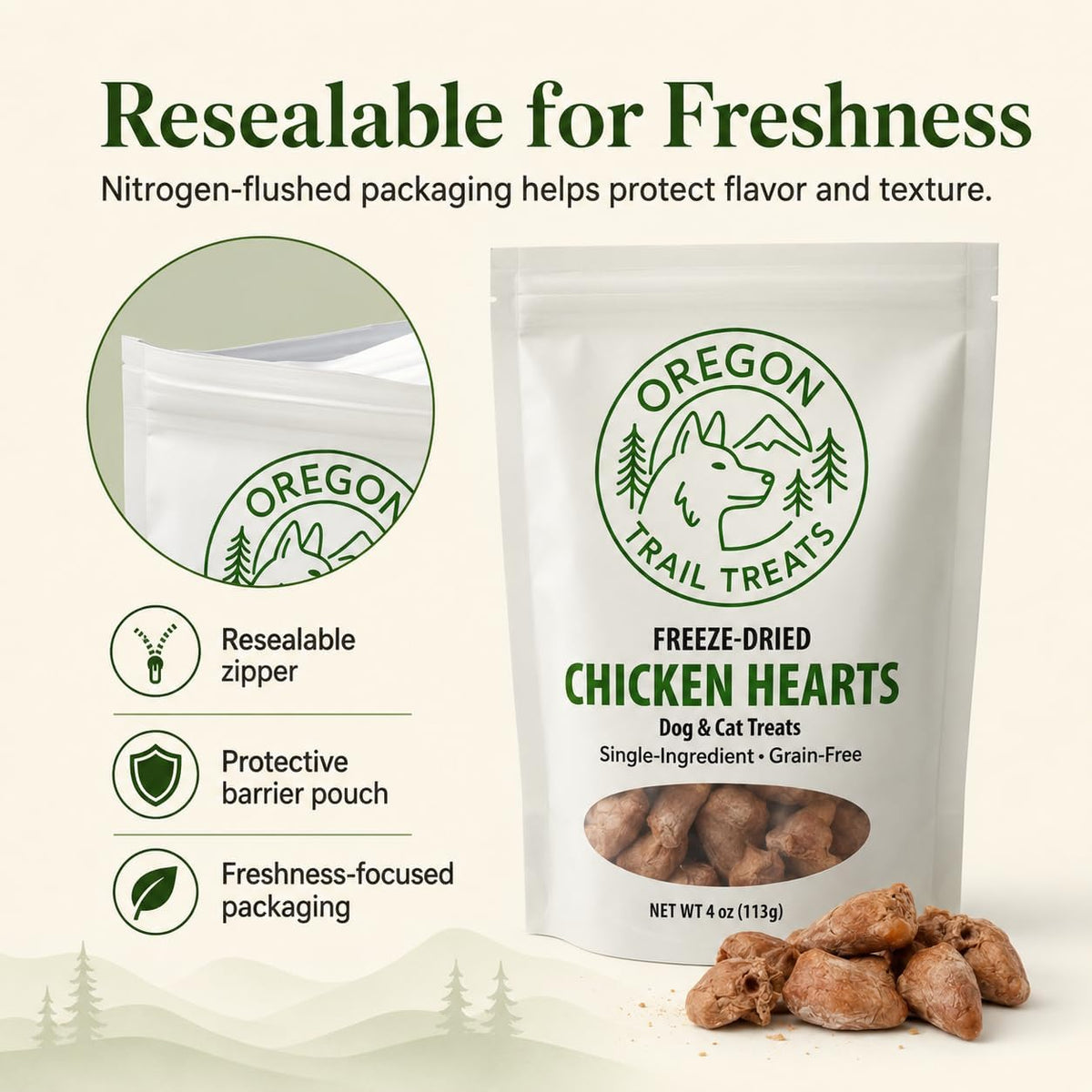 Oregon Trail Treats Freeze Dried Chicken Hearts 4oz - Premium Single Ingredient Cat & Dog Chicken Treats - No Preservatives, Zero Gluten or Grain - Made in the USA