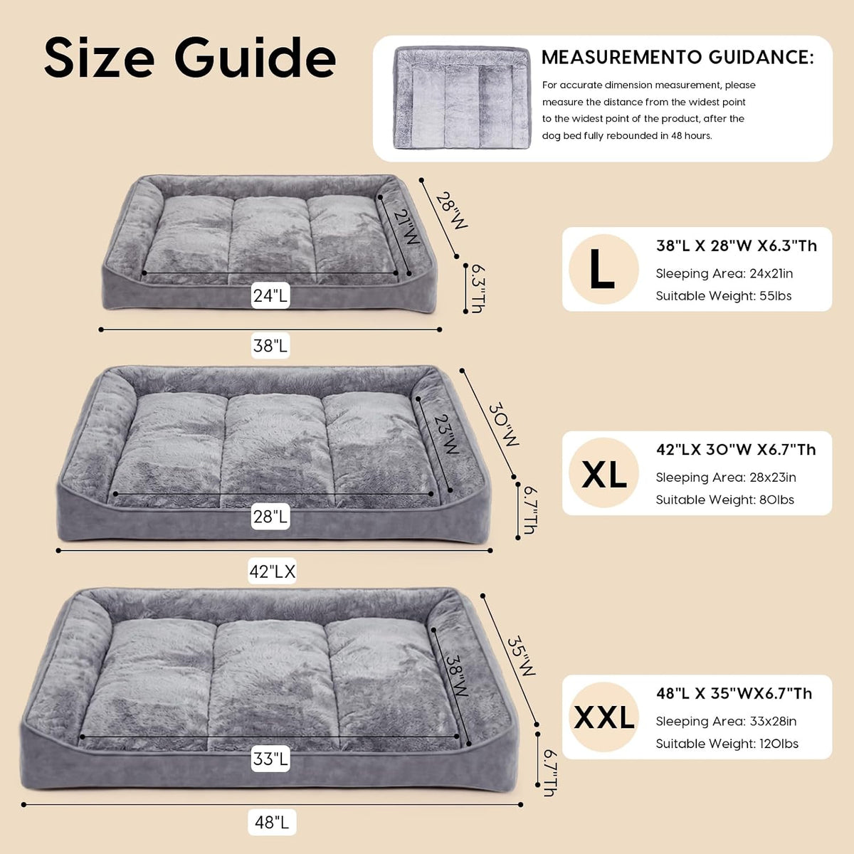 Orthopedic Dog Beds Large Sized Dog, Washable Dog Bed, 48" L, Grey