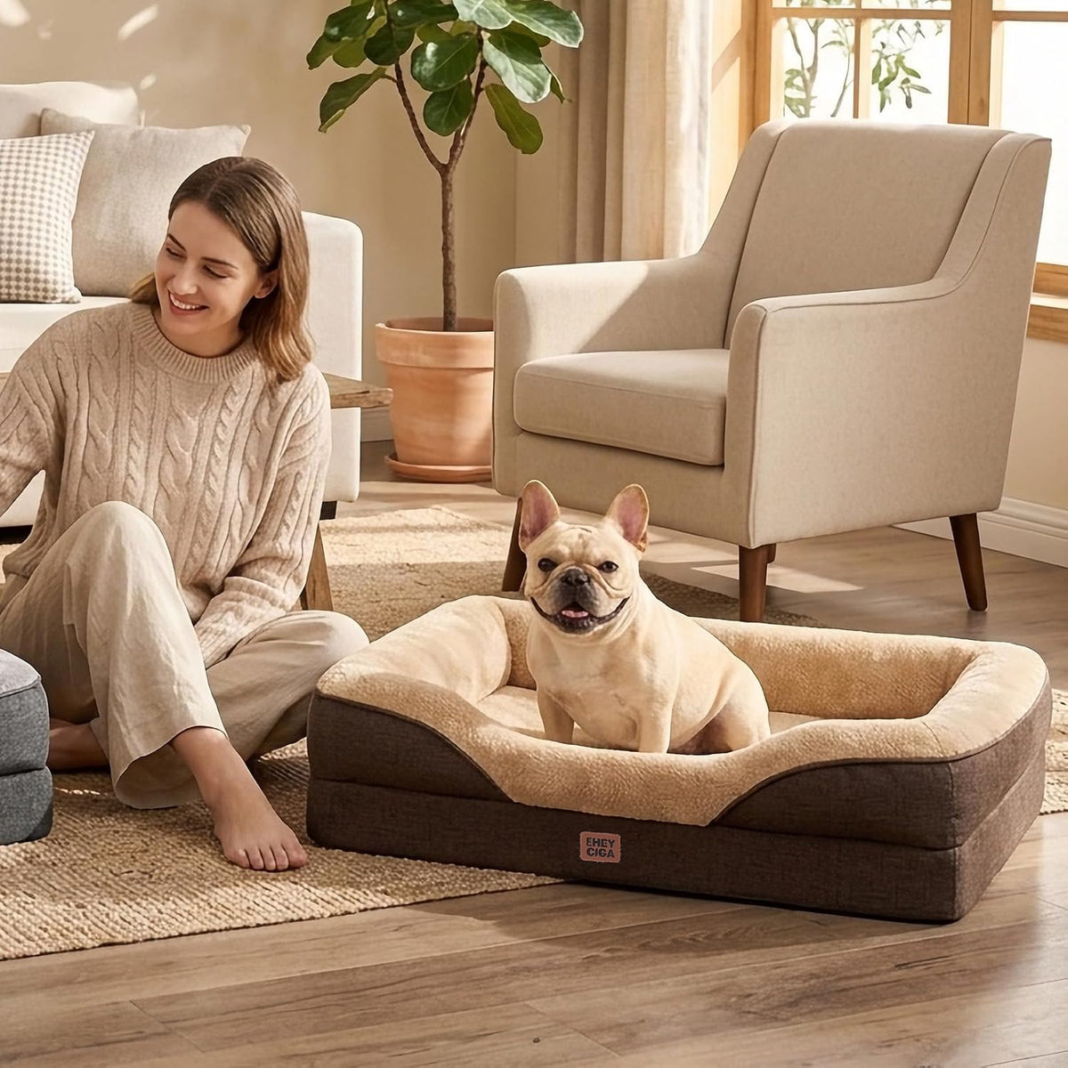 EHEYCIGA Orthopedic Dog Bed for Large Dog, Memory Foam Dog Couch, Brown