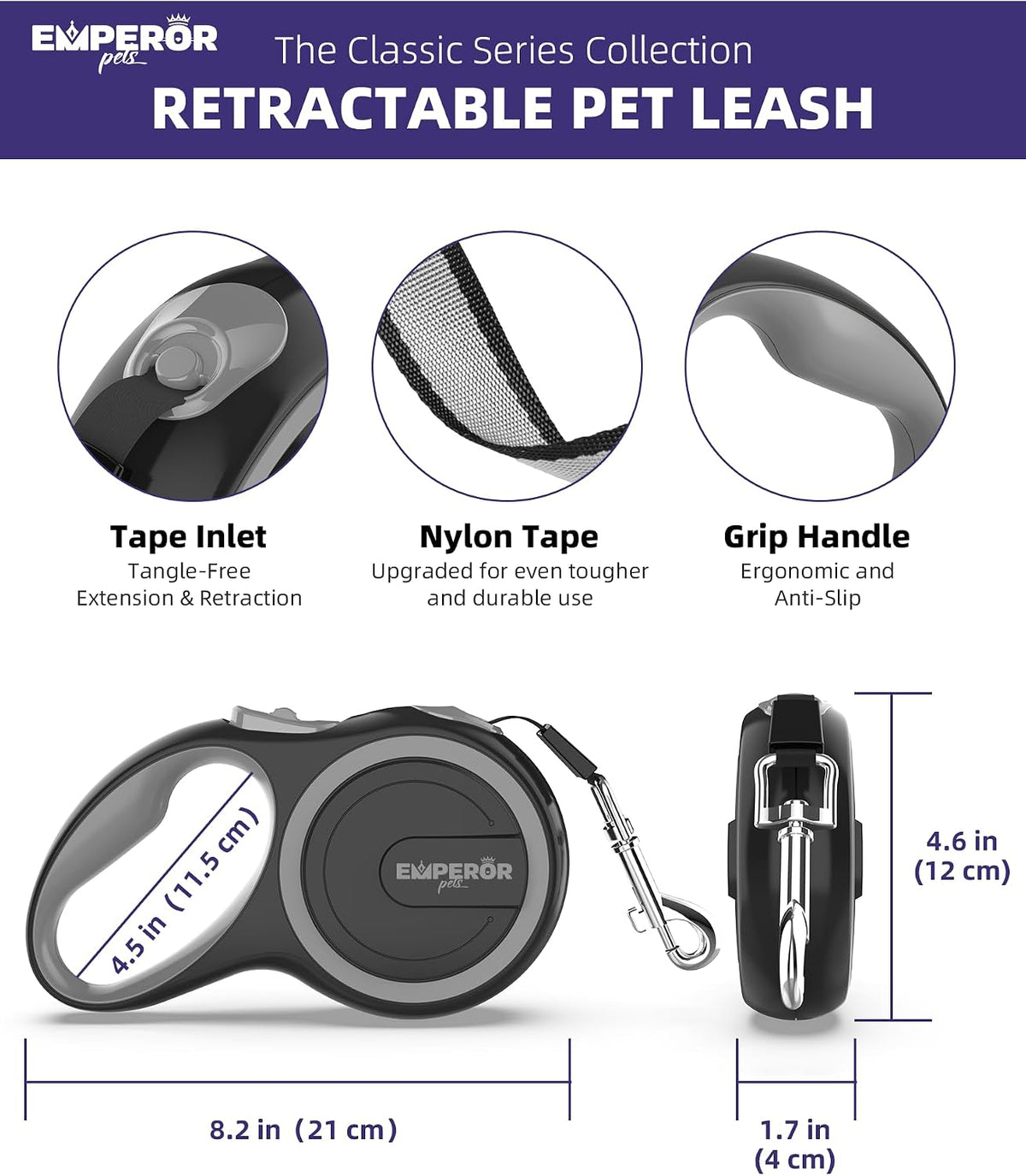 EMPEROR PETS 16.2 ft Retractable Dog Leash, for Dogs 10-110 lbs, Gray