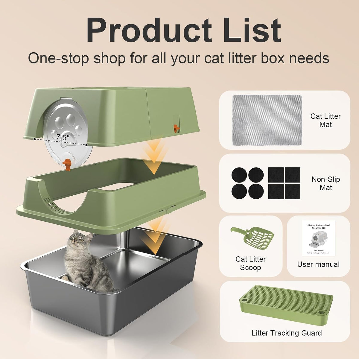 Stainless Steel Litter Box with Lid, XL Extra Large Litter Box, Enclosed Top Entry Metal Litterbox for Big Cat, Easy Cleaning, Anti-Leakage & High Sided with Mat, Aisle & Scoop, Green