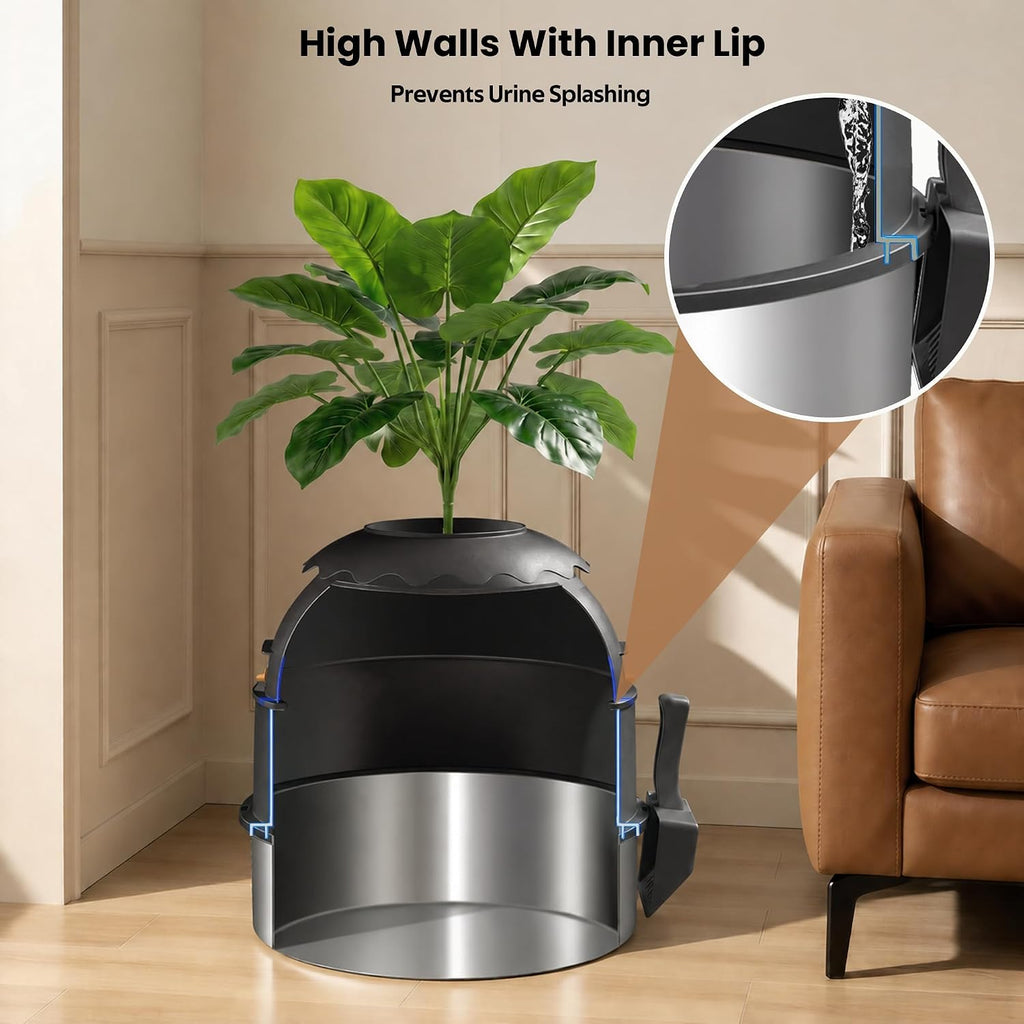 Hidden Litter Box, Stainless Steel Litter Box with Faux Plant Decor, Litter Box Enclosure with Clear Front Door, Includes Scoop & Litter Mat, Odor Control, Easy to Clean (Black)