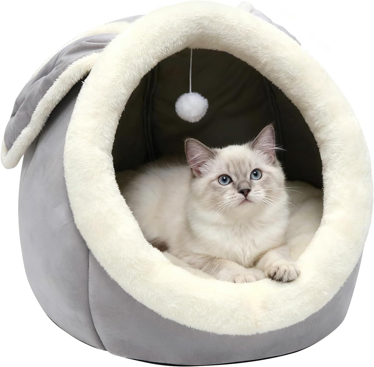 Cat Beds for Indoor Cats-Rabbit-Shaped Cat Cave Bed with Hanging Toy,Grey L