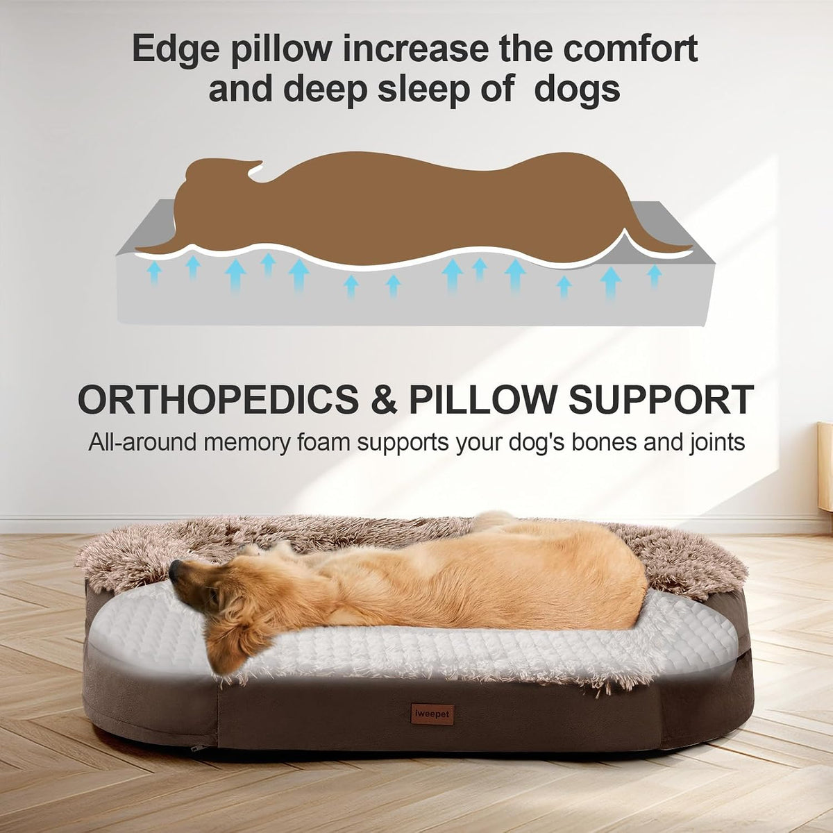 iweepet Fluffy Calming Jumbo Orthopedic Dog Beds for Extra Large Dogs, Supportive Dog Sofa Bed with 3.7 inch 28D Egg-Crate Foam, Removable Washable Plush Cover, Waterproof Lining, 48’’,Brown