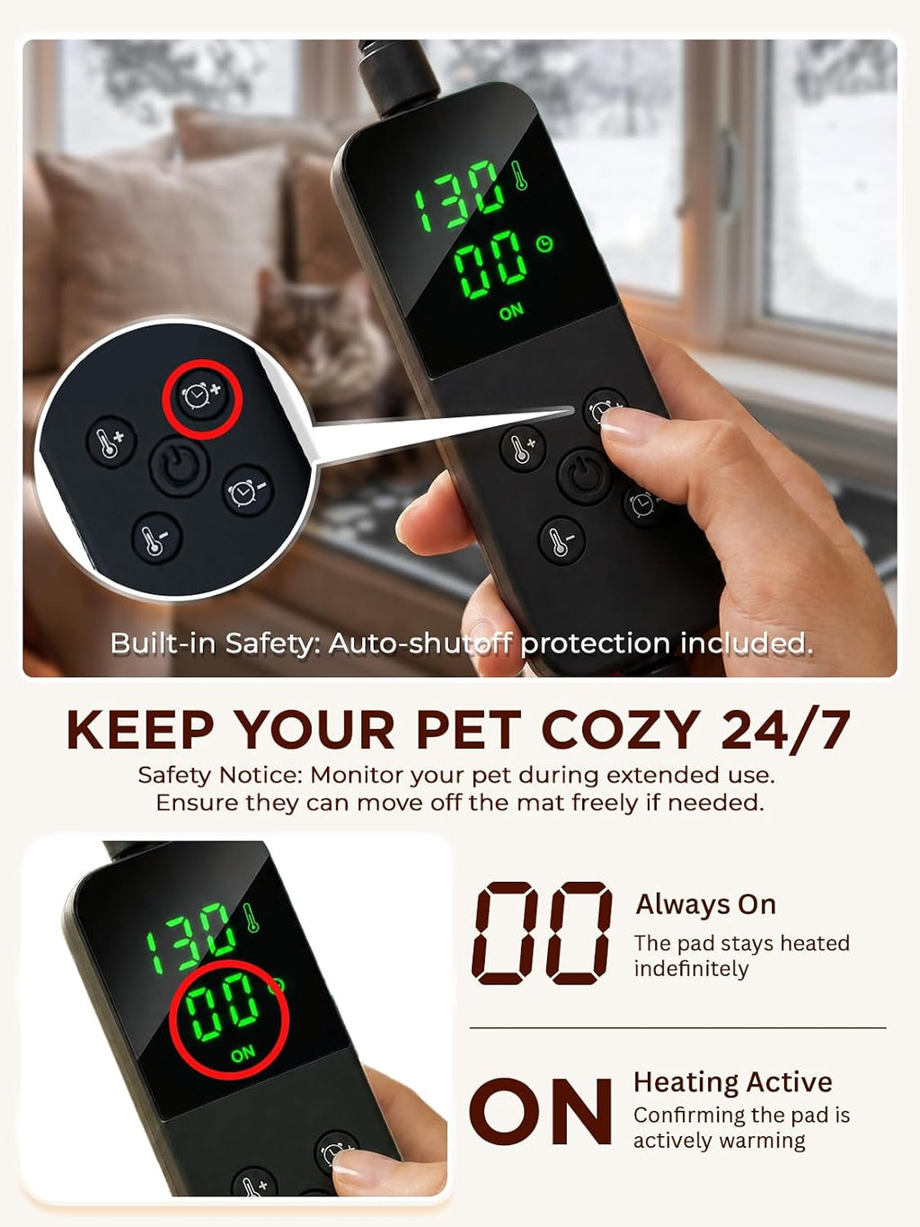 furrybaby Pet Heating Pad for Cats & Dogs, 24x16 in, Heated Mat with Timer