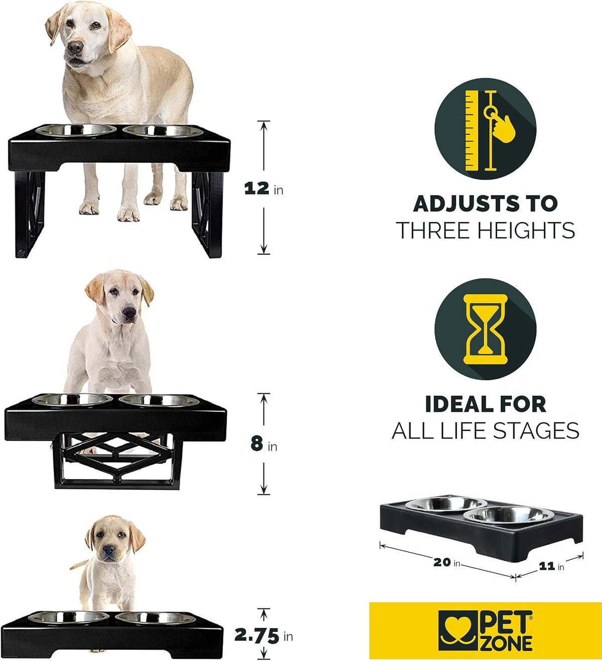 Pet Zone Designer Diner Elevated Dog Bowl Stand, 3 Adjustable Height Levels | 3 Height Adjustable, Includes 2 Stainless Steel Bowls with 7 Cup Capacity Each 