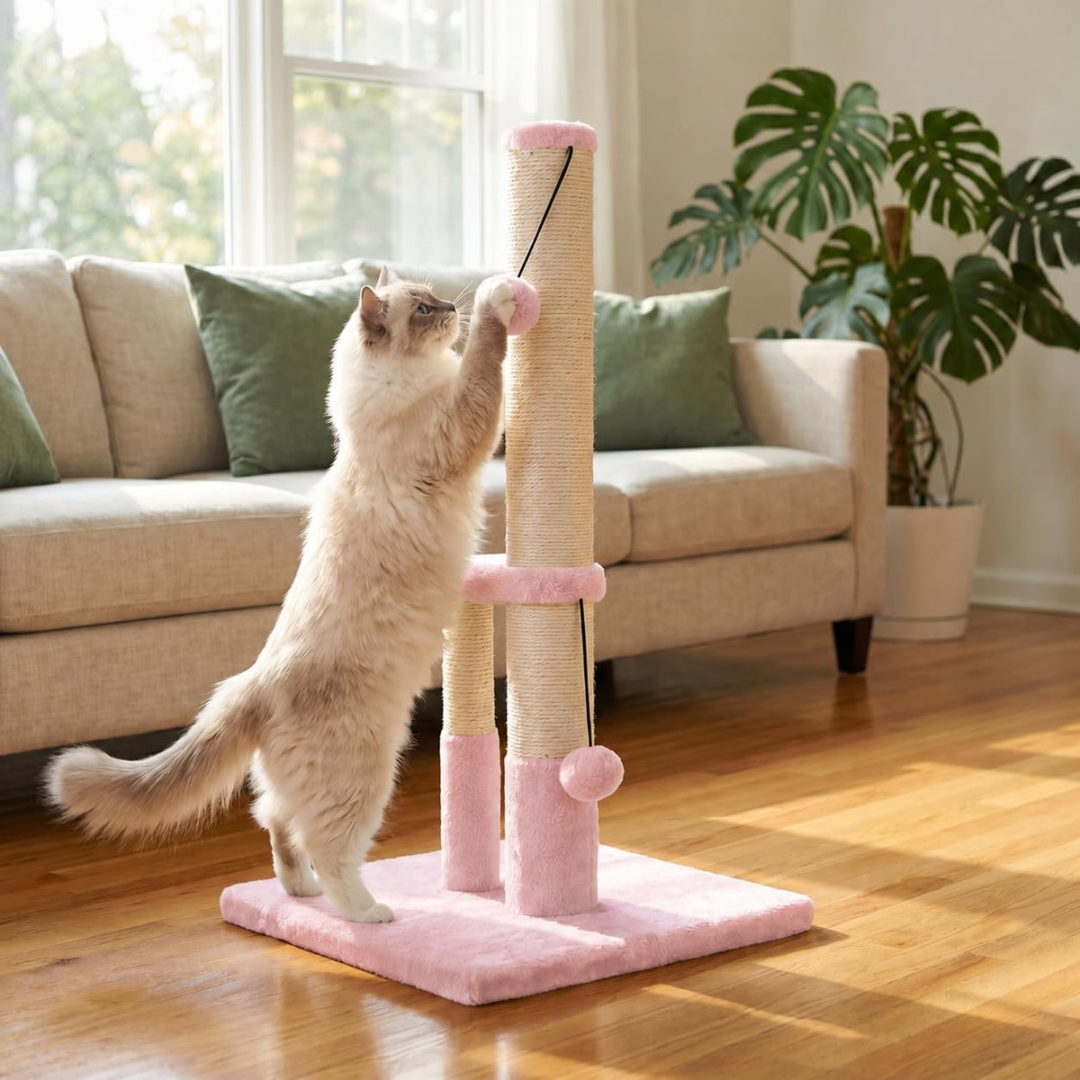 Dimaka Tall Cat Scratching Post, Double Lower Posts Extra Stable Cat Post Tree Scratcher with Sisal Rope and Teasing 4 Balls Total Large Base (Pink)