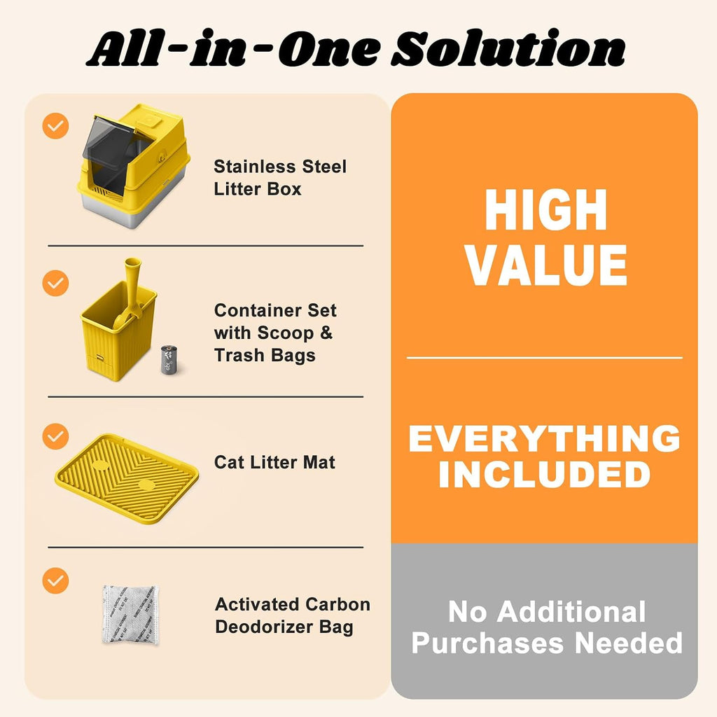 Stainless Steel Litter Box | Enclosed Cat Litter Box with Lid for Big Cats | High Sided Metal Litter Boxes | 100% Anti-Urine Leakage | Non-Stick with Litter Mat & Litter Scoop Set (Mustard Yellow)