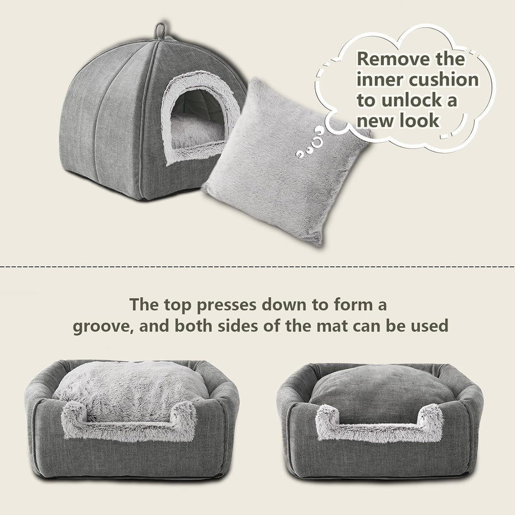 Cat Bed Cave-Cat Beds for Indoor Cats,Kittens and Small Pets,Soft and Warm Cats House Tent Bed,Foldable and Washable with Removable Cushioned and Anti Slip Bottom,Grey 15inches