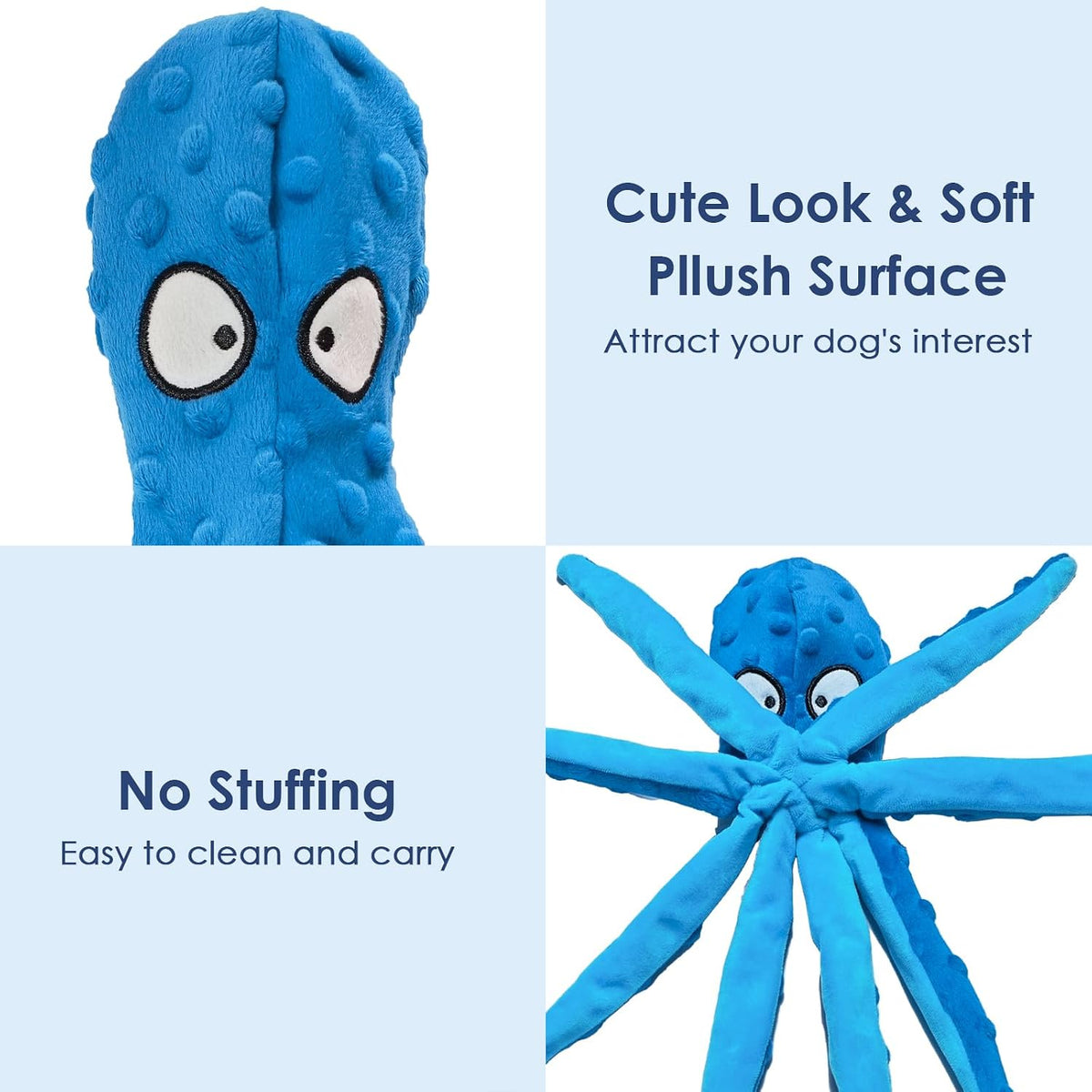 4 Pack Squeaky Dog Toys - Octopus Plush Dog Toys for Aggressive Chewers, No Stuffing, Crinkle, Durable Interactive, 4 Colors