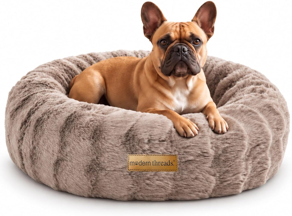 Modern Threads Calming Donut Dog Bed for Medium Dogs, Plush Round Faux Fur Pet Bed with Raised Bolster, Soft Washable Dog Bed, 30x30x9, Taupe