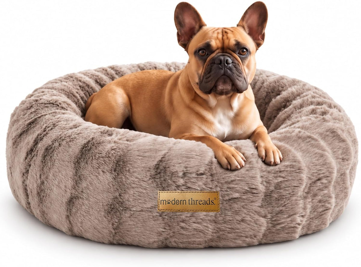 Modern Threads Calming Donut Dog Bed for Medium Dogs, Plush Round Faux Fur Pet Bed with Raised Bolster, Soft Washable Dog Bed, 30x30x9, Taupe