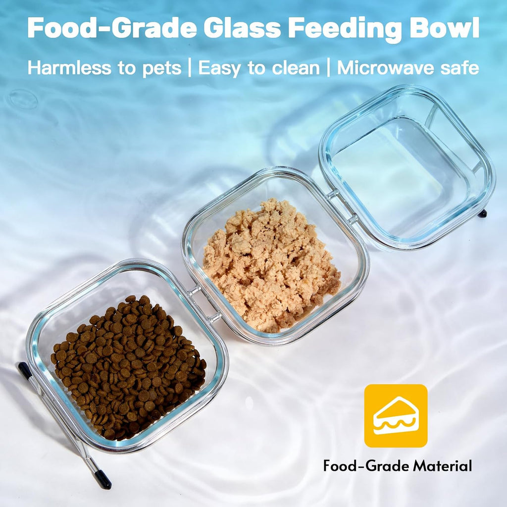 Elevated Cat Bowls, 15° Tilted Glass Raised Cat Food and Water Bowl | Stainless Steel Stand, 3 Large Capacity Glass Cat Bowls and 4 Anti Slip Feet, Suitable for Cats and Little Dogs